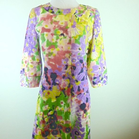Elie Tahari floral jacket coat multicolor yellow purple snap front duster S